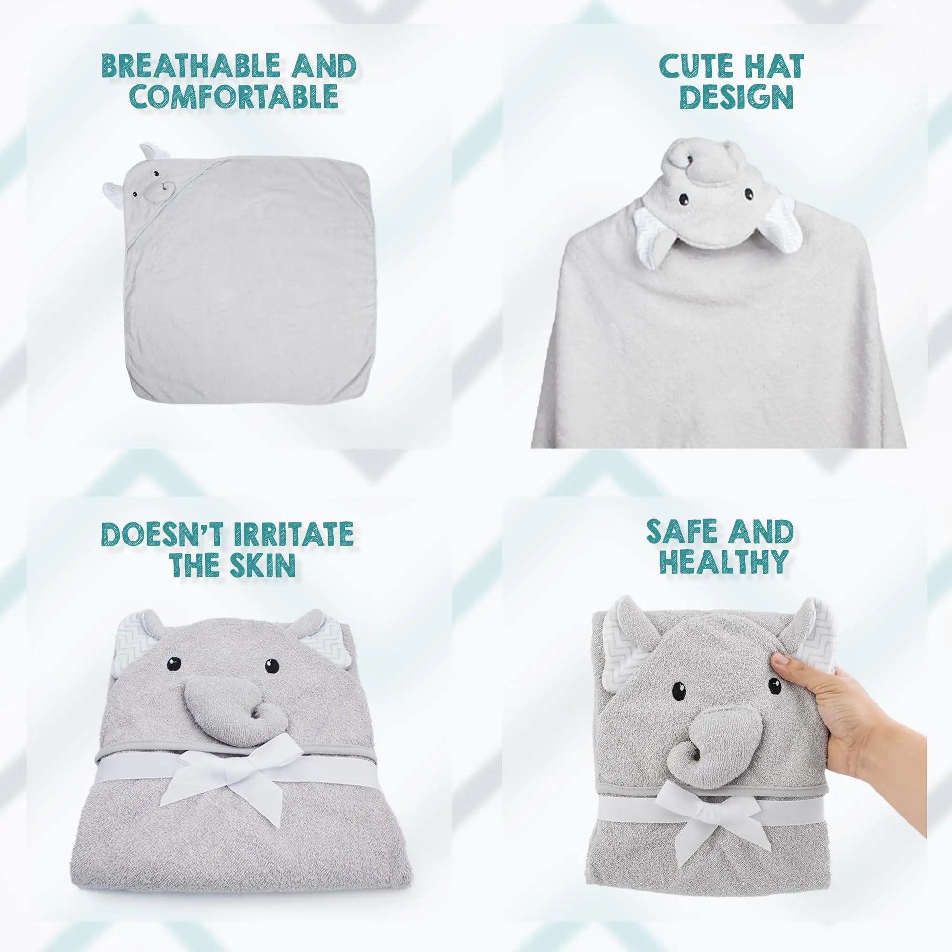 Hooded Baby Towels 33x33 Inch with Elephant Face Light Gray Baby Bath Towel